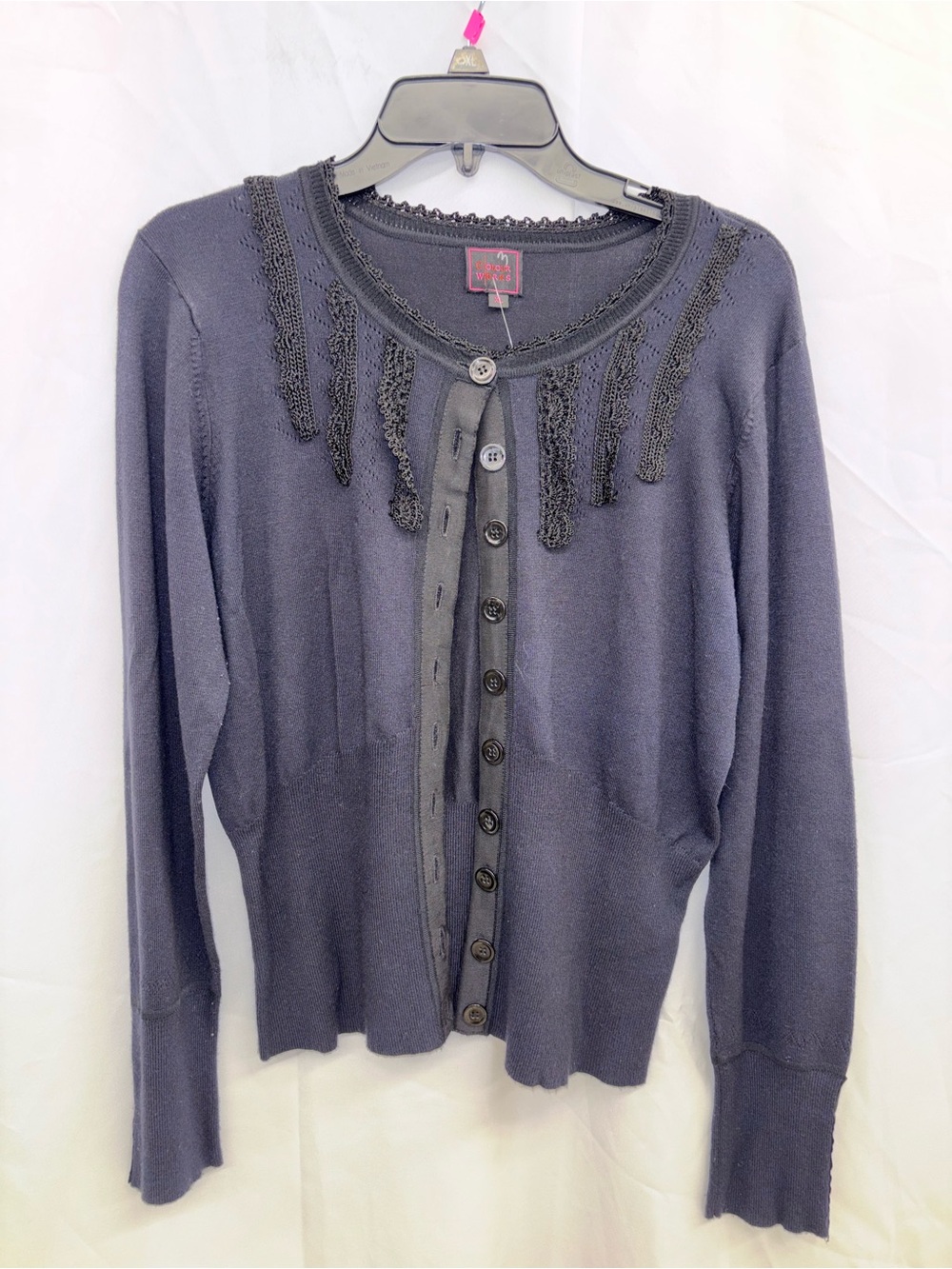 Womens Dark Navy Crochet-Trim Button Cardigan